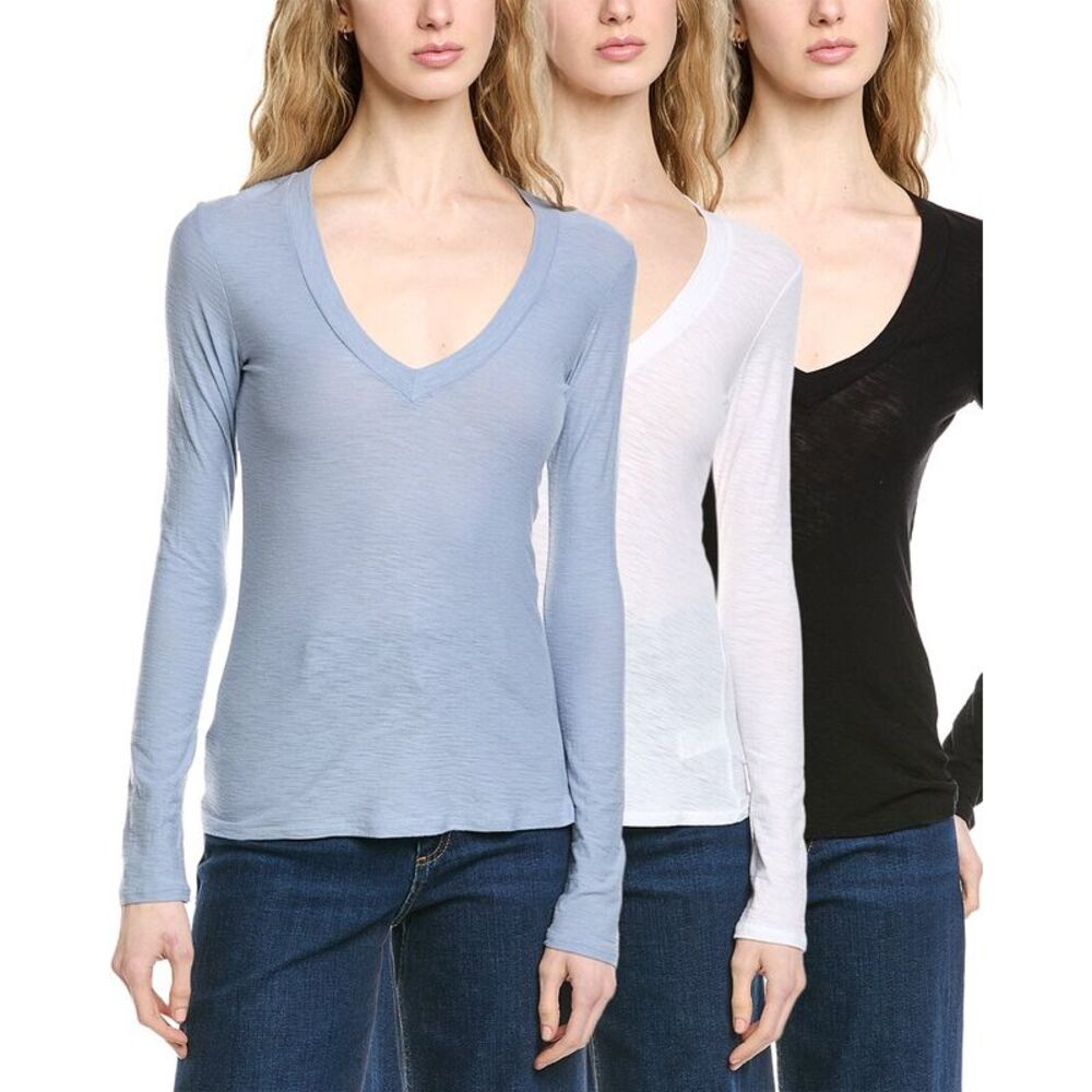 NWTs - James Perse Women's Long Sleeve V-Neck Tee in Blue, White & Black